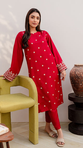 Red Women Trendy Embroidered 2PC set