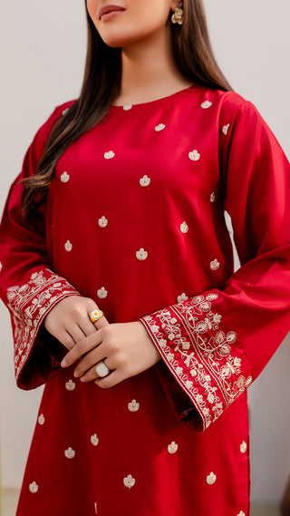 Red Women Trendy Embroidered 2PC set