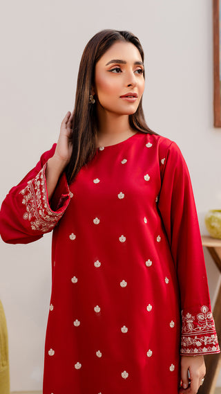 Red Women Trendy Embroidered 2PC set